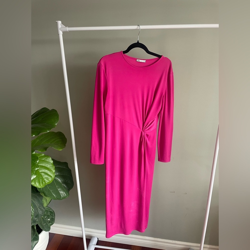 Zara Long Sleeve Midi Fuchsia Pink Dress Size Small
